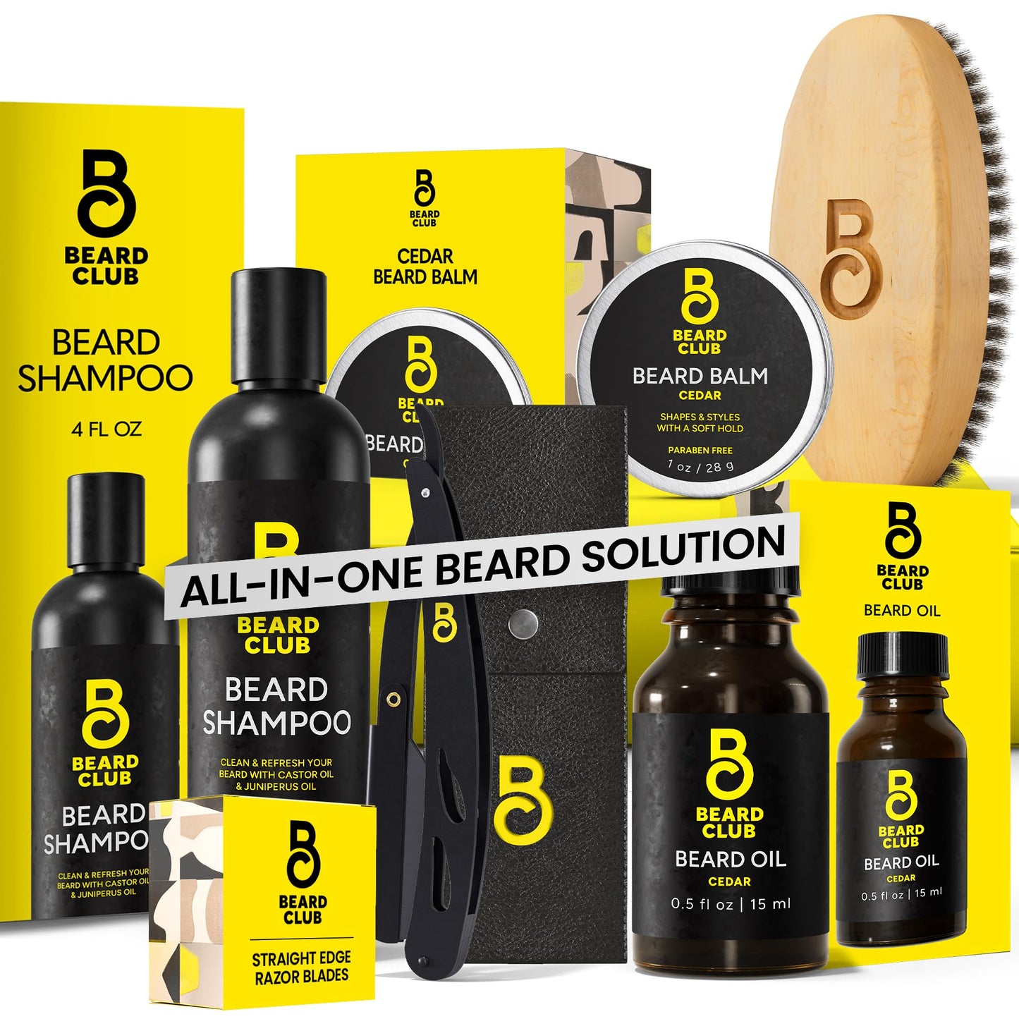 The Beard Club Beard Care Kit & Mens Grooming Kit - Essentials for a Healthier Looking, Stylish Facial Hair - Straight Edge Razor, Shampoo, Cedar Balm & Oil, and Boar Bristle Brush