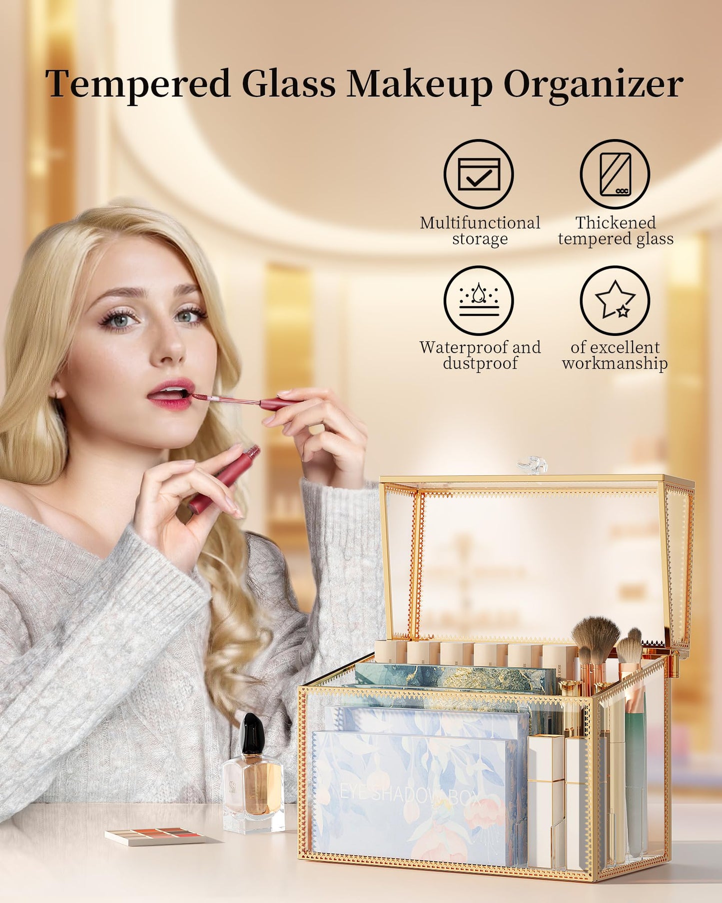 Youdepot Lipstick Organizer Holder - 24 Spaces, Tempered Glass Lip Gloss and Perfume Organizer,Vanity Lipstick Holder and Organizer.