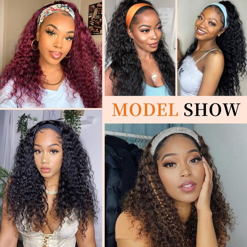 Humistwbiu Curly Headband Wig Loose Water Wave Headband Wigs None Lace Wig Glueless for Women Synthetic 150% Density Natural Color 24 inch (1B)