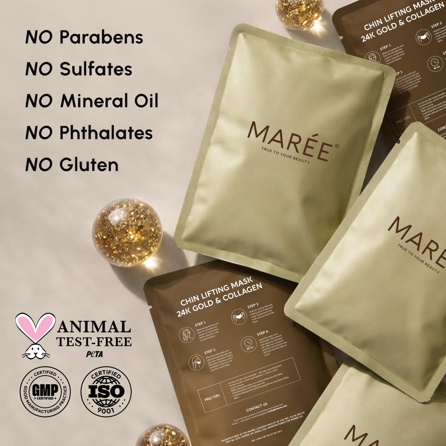 MAREE Chin Strap V Line Lifting Mask - 24K Gold Face & Neck Lift Tape Mask - Double Chin Strap for Sleeping - Neck Wrinkle Patches Reducer & Jawline Shaper for Firming, Tightening & Lifting - 10 PCS