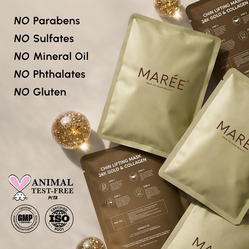 MAREE Chin Strap V Line Lifting Mask - 24K Gold Face & Neck Lift Tape Mask - Double Chin Strap for Sleeping - Neck Wrinkle Patches Reducer & Jawline Shaper for Firming, Tightening & Lifting - 10 PCS