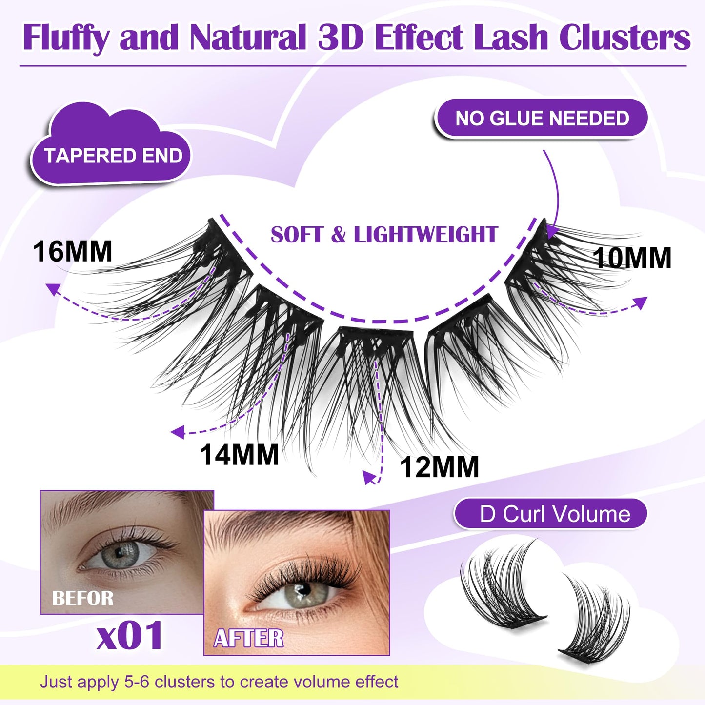 JoMay Self Adhesive Eyelashes, Press on Lashes No Glue Needed, Glueless Lashes Pre-Glued Natural Cluster Extension Kit D Curl For Beginners, No Sticky Residue 1 Step DIY 48PCS 10-16mm X01