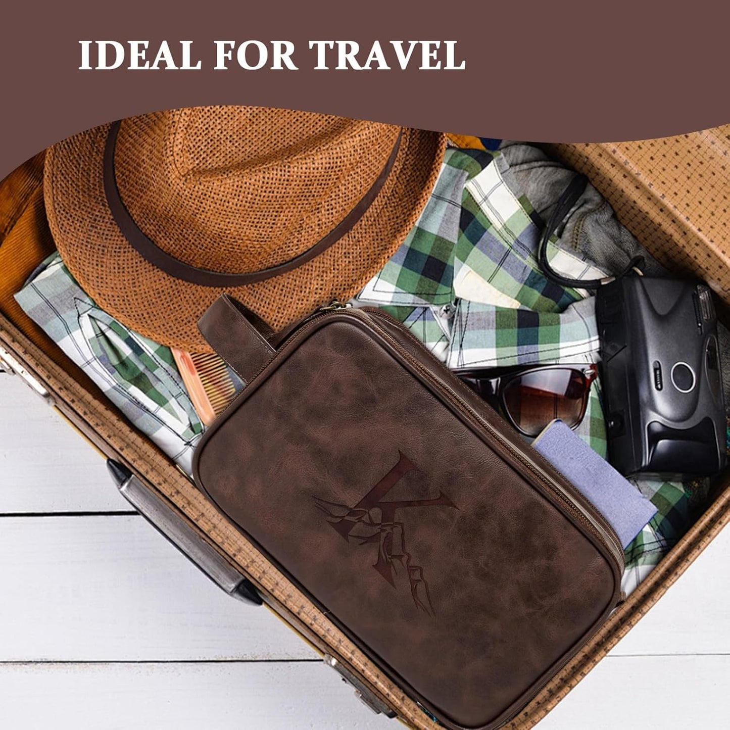 Personalized Toiletry Bag for Men - Custom Initials & Mountain Design | Dark Brown Travel Essentials