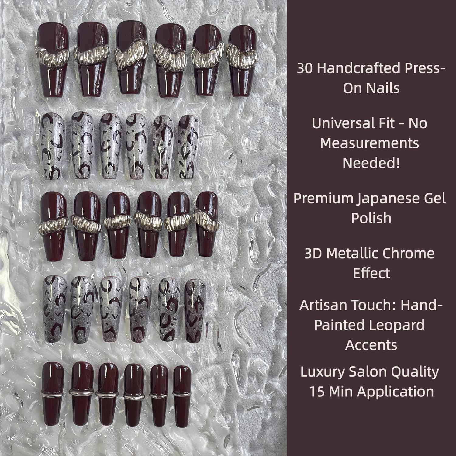 30PCS Luxury Press-On Nails Set – Long Coffin Dark Brown Leopard with Gold Accents – No Measuring Needed, Reusable Kit with Glue & Tools