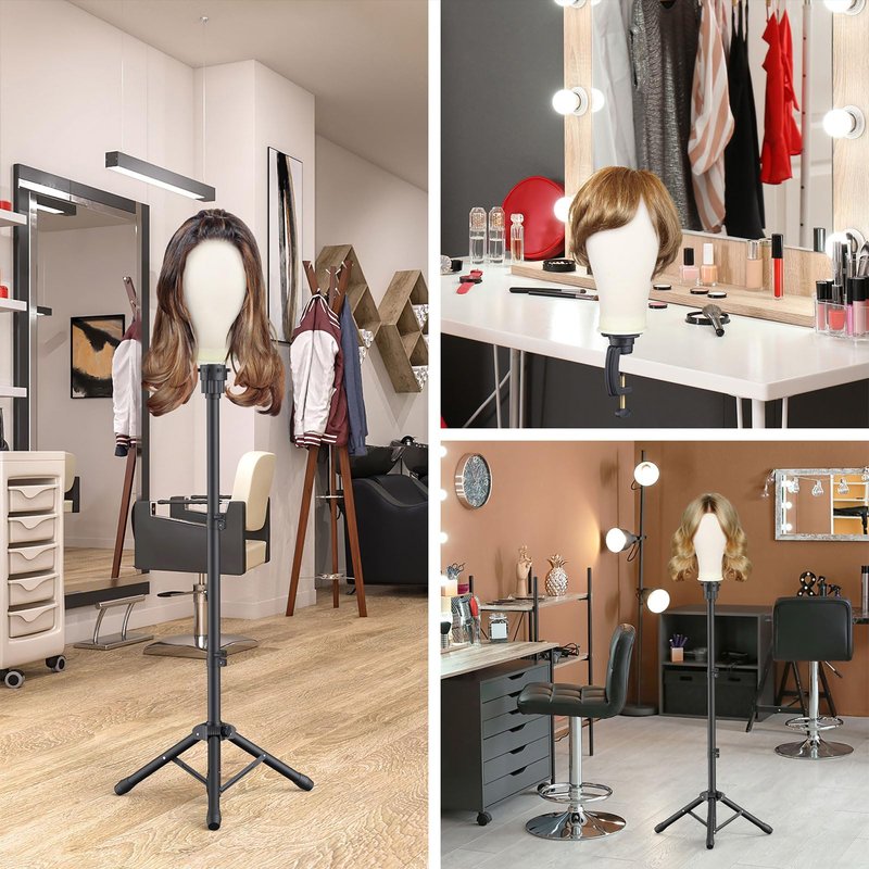 Hemndic Wig Stand with Head, Height Adjustable Wig Stand, Wig Head Stand with Mannequin Head with Extra Wig head Clamp Stand