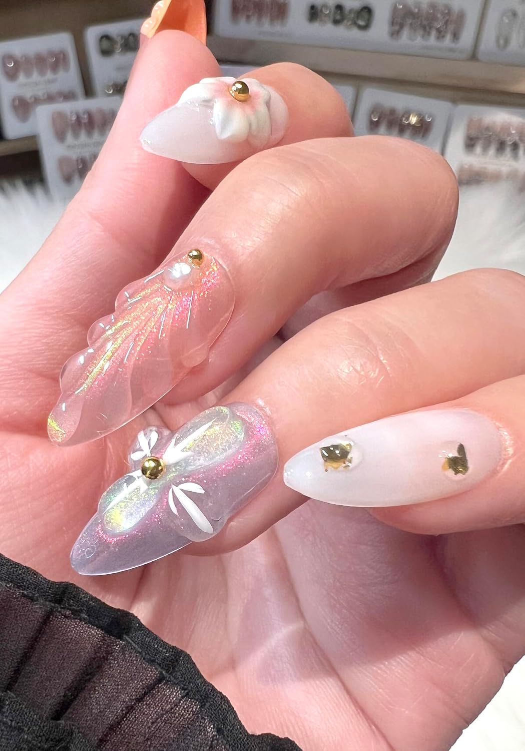 3D Sea Shell Press-On Nails - Handmade Medium Almond Beach Nail Art with Butterflies (L Size)