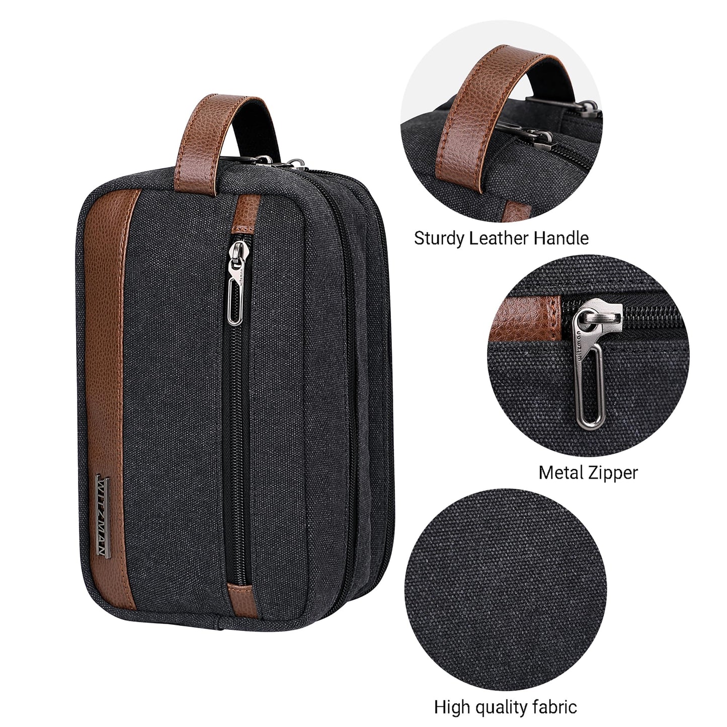 WITZMAN Canvas Toiletry Bag for Men Hanging Dopp Kit Organizer Water-resistant Travel Toiletries bag Men Bathroom Bag with Wet Pocket(A8001 Classics Black)