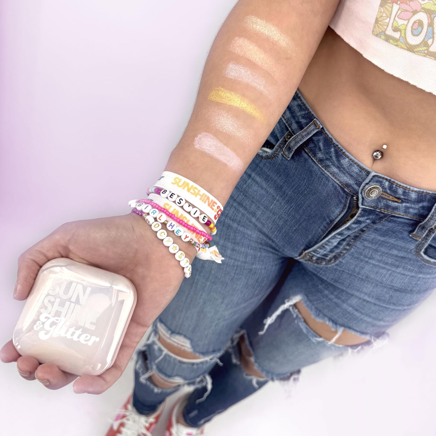 Sunshine & Glitter Highlighter Shimmer Compact-Sunkissed- Face Shimmer and Glow for Everyday Contour with Luminizer Natural,Night Out Beach Day Beauty highlighter makeup highlight palette