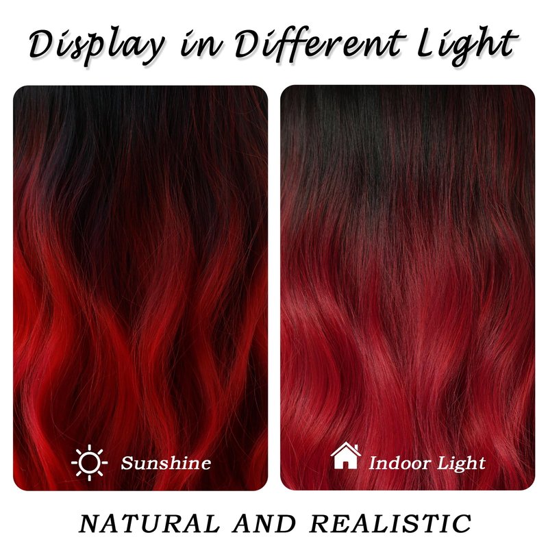 7JHH WIGS Long Wavy Wigs with Bangs 25in Black Ombre Red Synthetic Wig Heart Resiatant Wigs for Women Daily Party Cosplay Used