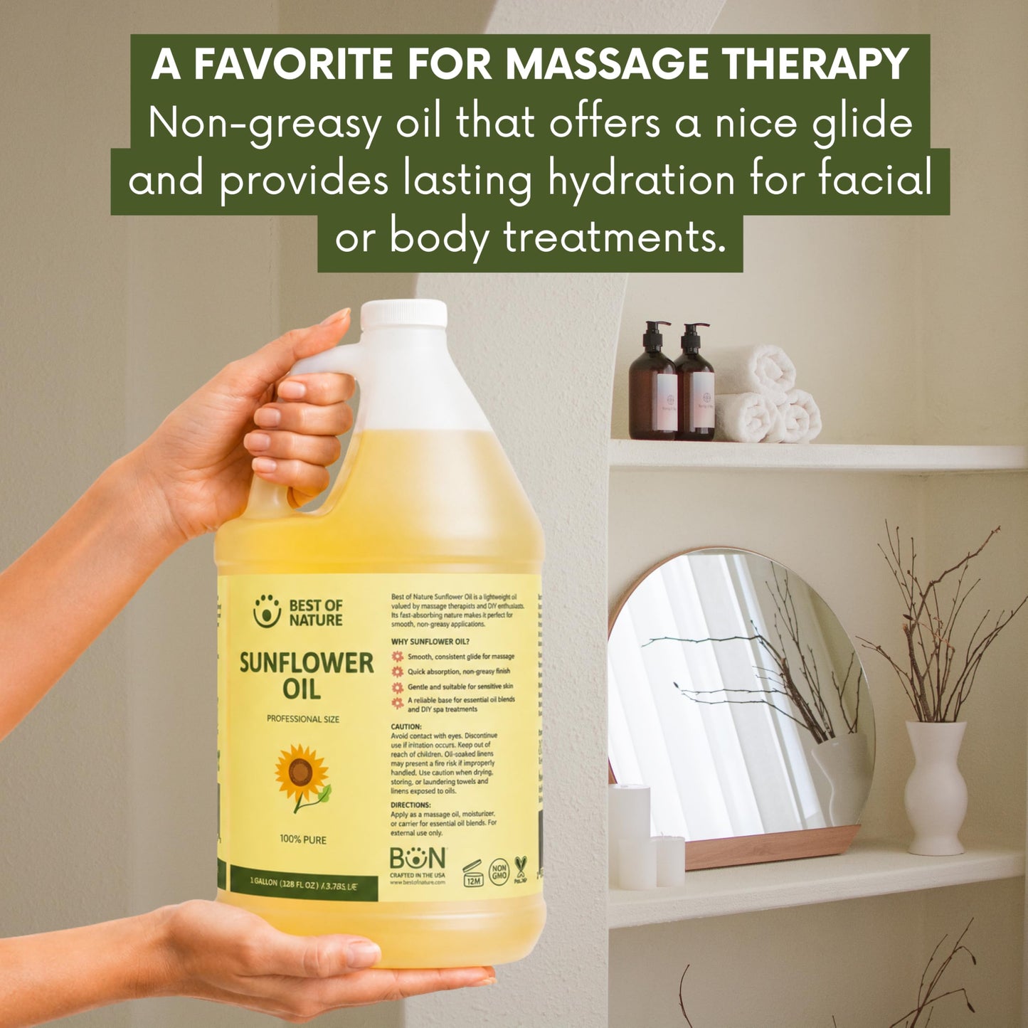 Best of Nature 100% Pure Sunflower Massage Oil, Lightweight Deep Moisturizing Unscented Oil for Skin, Body & Massage, Nourishing Hydration for Hair & Face, Half Gallon (64 fl oz)