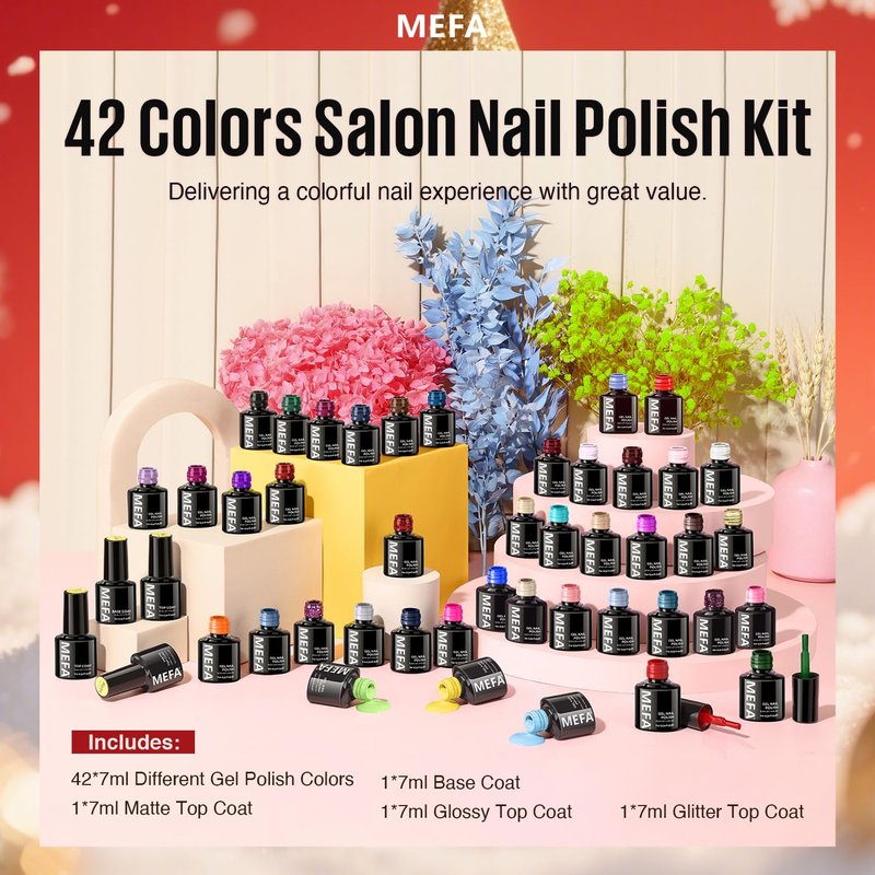 Mefa Christmas Gel Nail Polish Kit - 46 Pcs with 42 Colors, Base & Top Coats | DIY Nail Art Set for Beginners