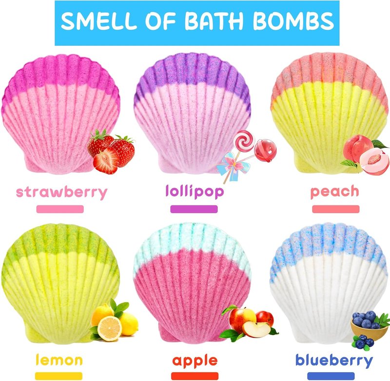 Mermaid Bath Bombs for Kids - 6 Pcs Natural Fizzy Shells with Surprise Jewelry | Perfect Gift for Birthdays, Christmas & Easter