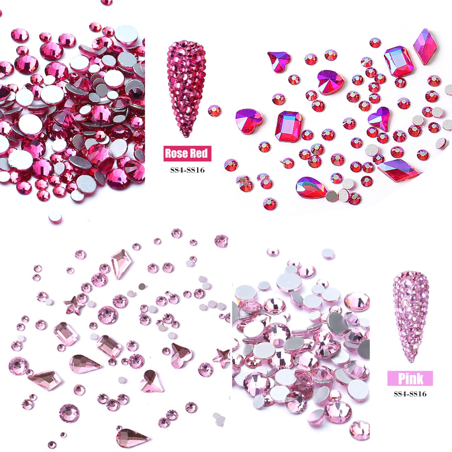 JERCLITY 1620pcs Flat Back Rose AB Nail Rhinestones Pink Nail Rhinestones for Nails Round Beads Crystals Glass Gems Stones Multi Shapes Sizes Nail Rhinestones for Nail Face Art Clothes Shoes Bags DIY