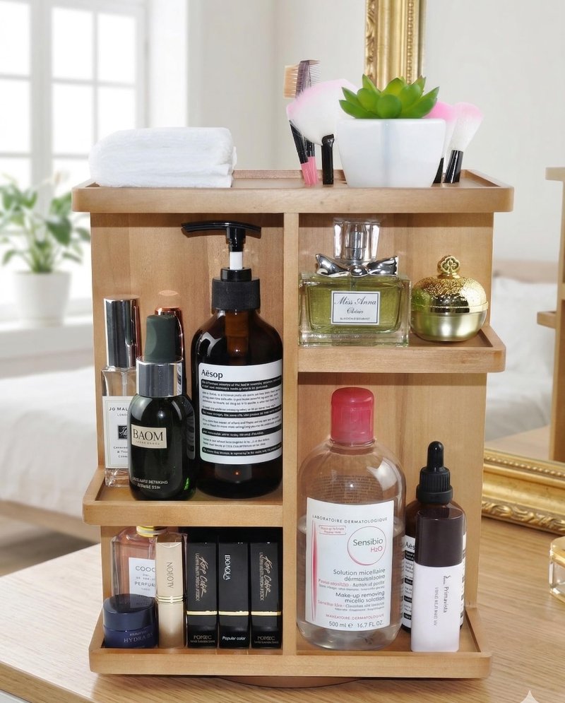 Spiretro Rotating Cosmetic Modular Organizer, Multi-Function Storage, 360 degree Carousel for Makeup, Toiletries, Vanity, Desk, Countertop, Bedroom, Closet, Solid Natural Wood with Acacia Brown
