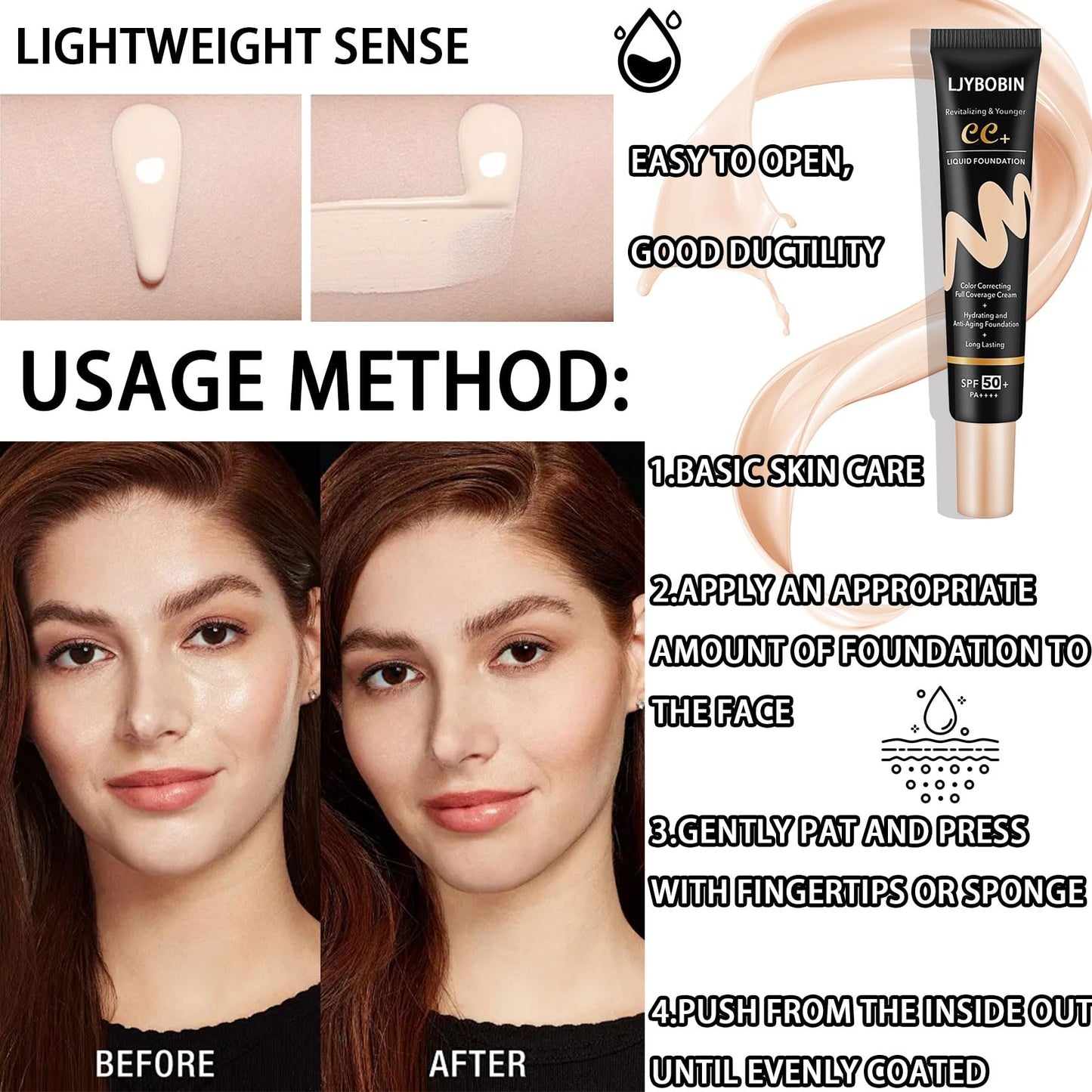 Hydrating CC Cream with Makeup Sponge,Waterproof Flawless Concealer Full Coverage BB Cream and Loose Setting Powder,Long Lasting Full Coverage Liquid Foundation for Men & Women(3 Pcs)