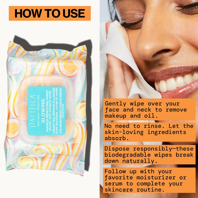 Pacifica Beauty, Glowing Makeup Remover Wipes, Glycolic Acid, Coconut Water, Aloe Infused, Daily Cleansing, Exfoliating, Clean Skin Care, Plant Fiber Facial Towelettes, Vegan & Cruelty Free