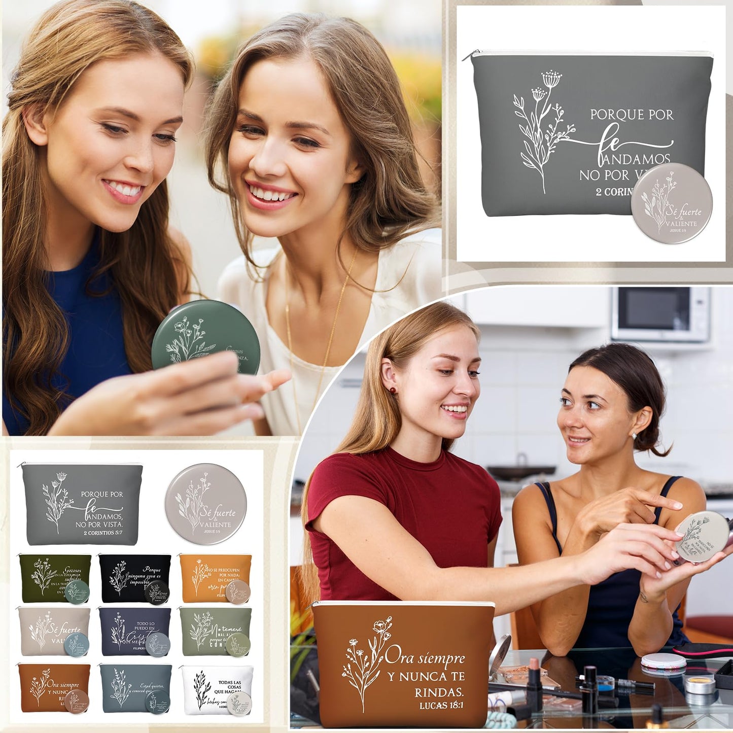 Kacctyen 20 Sets Spanish Christian Gifts for Women Bulk Bible Verse Makeup Bags Compact Mirror Regalos Cristianos Para Mujer En Español Canvas for Church Articulos Religiosos Catolicos (Boho Color)