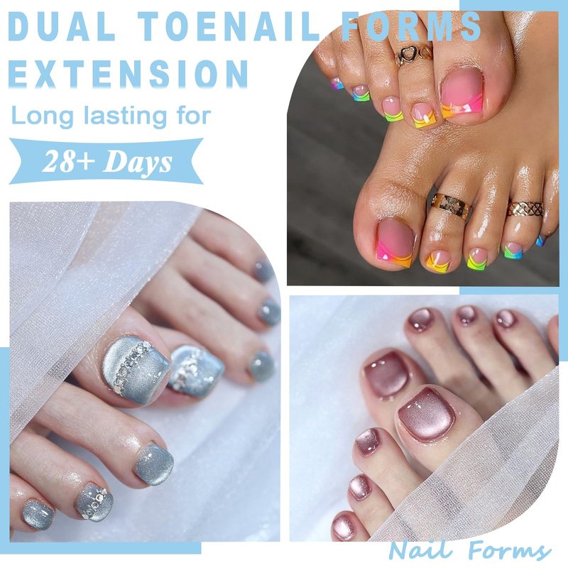 160 Pcs Toe Dual Nail Forms for Poly Gel & Builder Gel Toenail Extension - 16 Sizes Reusable Full Cover Square Toenails Molds - Professional Pedicure Nail Tips for Salon & DIY at Home
