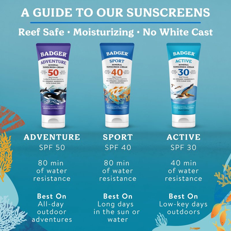 Badger Reef Safe Sunscreen Tin, Unscented SPF 40 Sport Mineral Sunscreen, 98% Organic, 80min Water Resistant Travel Size Hawaii Approved, 2.4 oz Tin, 2-Pack