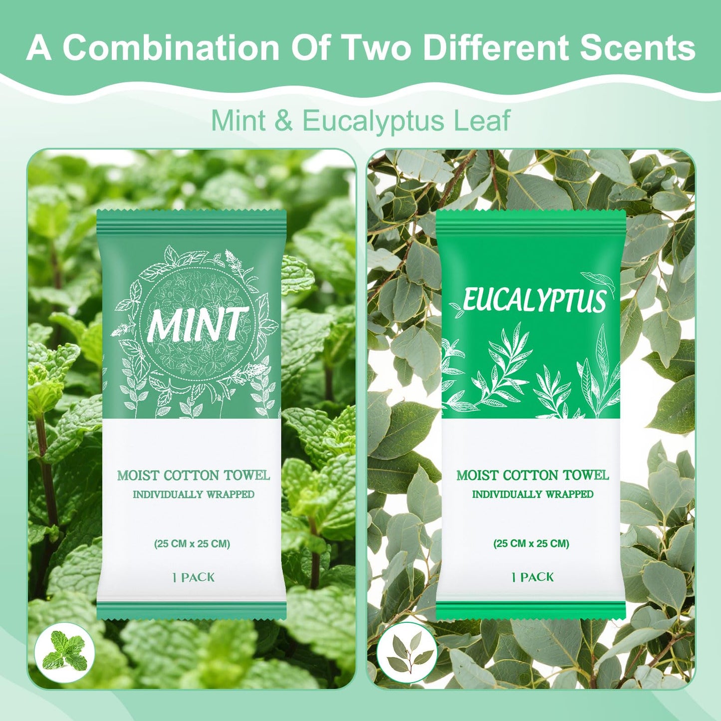 Moist Towelettes, Disposable Pre Moistened Towels Individually Wrapped, Soft Portable Face & Body Wet Towels for Travel Hotel Sport Camping Spa 9.8 inch (Pack of 100, Mint & Eucalyptus Leaf)