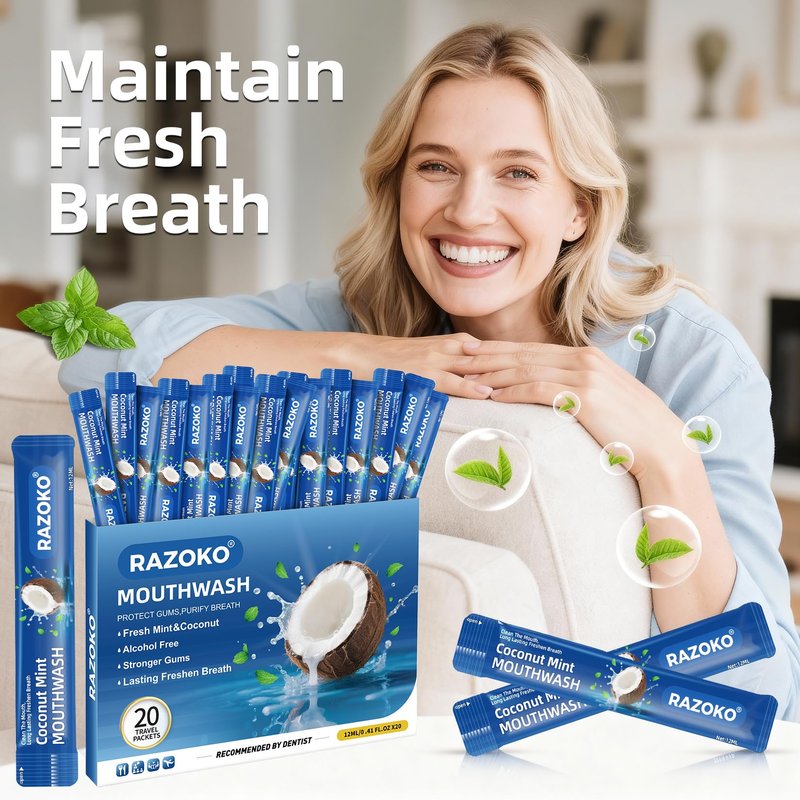 RAZOKO Disposable Mouthwash Travel Size-Fresh & Non-Greasy/Fresh Mint +Coconut Portable Packets,Alcohol & Fluoride Free,Gentle for Oral Care (0.41 Fl Oz (Pack of 20)
