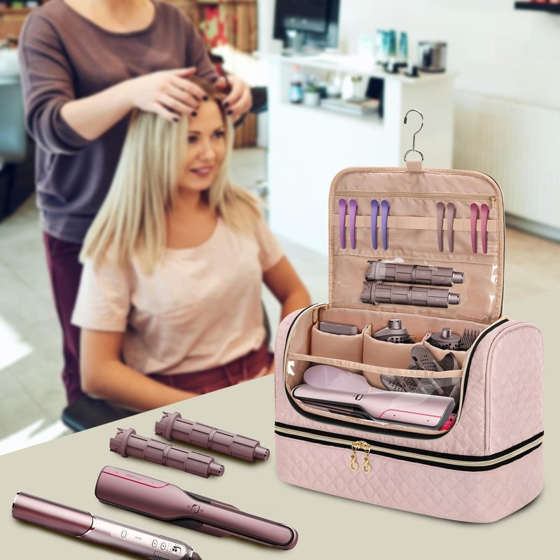 Yarwo Carrying Case Compatible with Flexfusion HD641S/HD642S, Double Layers Hanging Travel Bag for FlexFusion Hair Straightener & Powerful Hair Dryer and Hair Styler Attachments, Dusty Rose