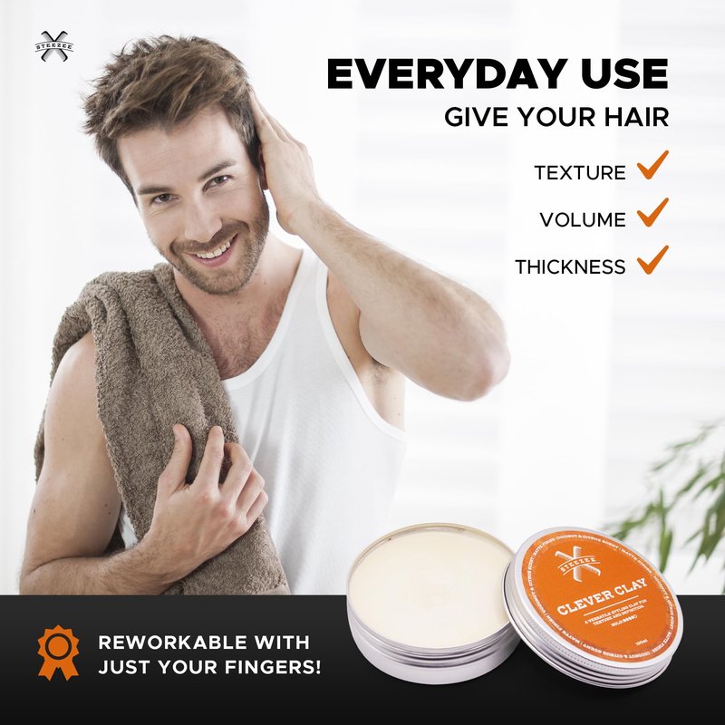Steezee Clever Clay - Natural Finish Styling Hair Clay for Men - All Hair Types - Reworkable All Day Hold- Cruelty Free- Paraben & Sulphate Free, 3.4 oz
