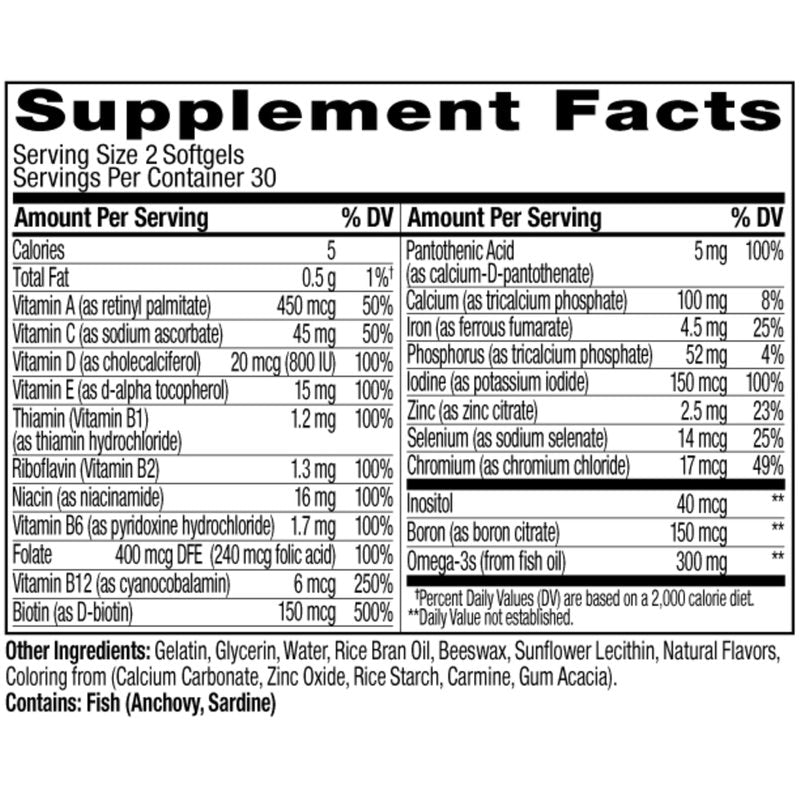 OLLY Ultra Strength Women's Multi Softgels, Overall Health and Immune Support, Omega-3s, Iron, Vitamins A, D, C, E, B12, Daily Multivitamin, 30 Day Supply - 60 Count