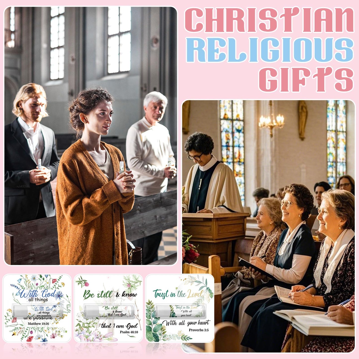 Sacubee 50 Pack Christian Gifts Bulk for Women Men Religious Lip Balms Bulk Church Party Favors Christmas Party Gifts Stocking Stuffers Bible Verse Study Supplies for Employee Staff Coworker
