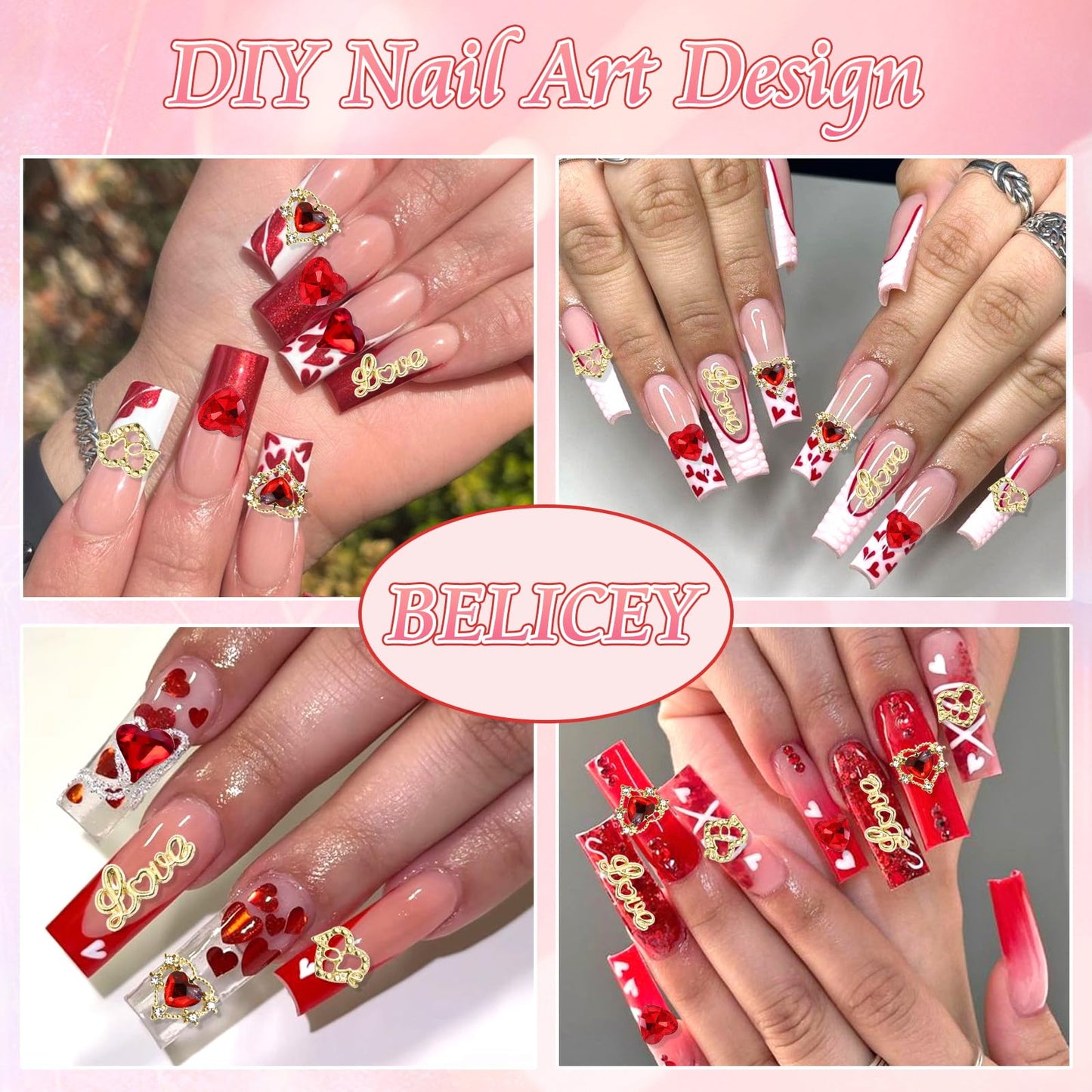 BELICEY 75Pcs 3D Gold Nail Charms Red Pink Heart Nail Charms Alloy Flatback Love Letter Charms for Nails Heart Shaped Gems and Rhinestones for Women Valentine‘s Day Manicure DIY Nail Art Design Crafts
