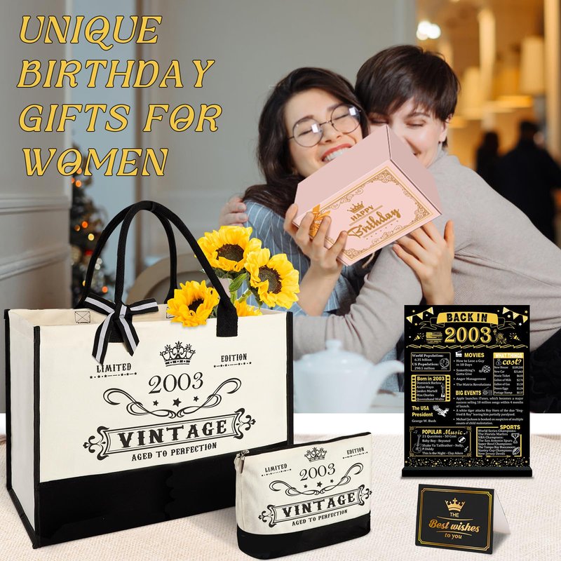 23rd Birthday Gifts for Women Canvas Tote Bag Travel Gear, Unique 23 Years Old Birthday Gifts for Girlfriend Daughter Sister Friends Her, Vintage 2003 Handbag & Cosmetic Bag & Back in 2003 Poster