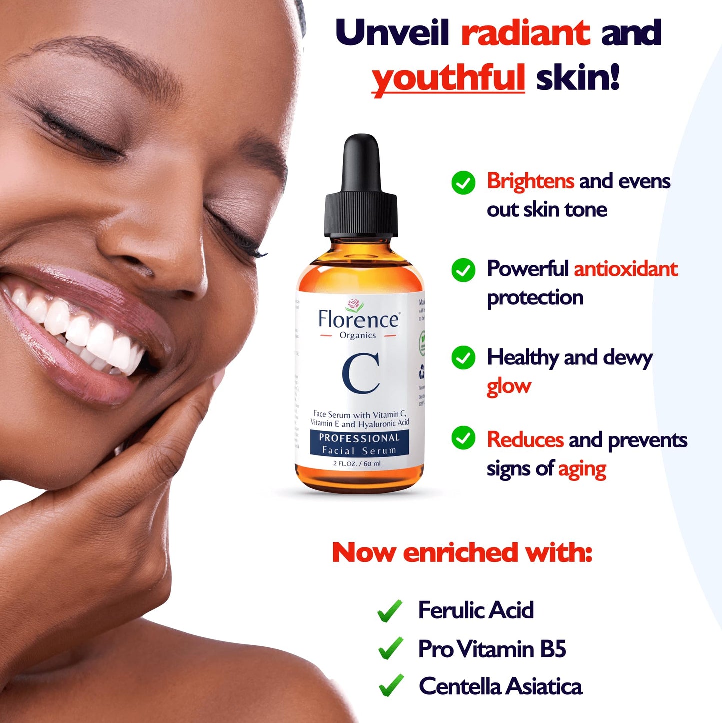 Vitamin C Serum For Face โ Anti Aging Face Serum with Vitamin C, Hyaluronic Acid, Vitamin E. Brightening Formula. Improve Appearance of Dark Spots, Tone, Fine Lines & Wrinkles, Glowing Skin 2 Fl Oz