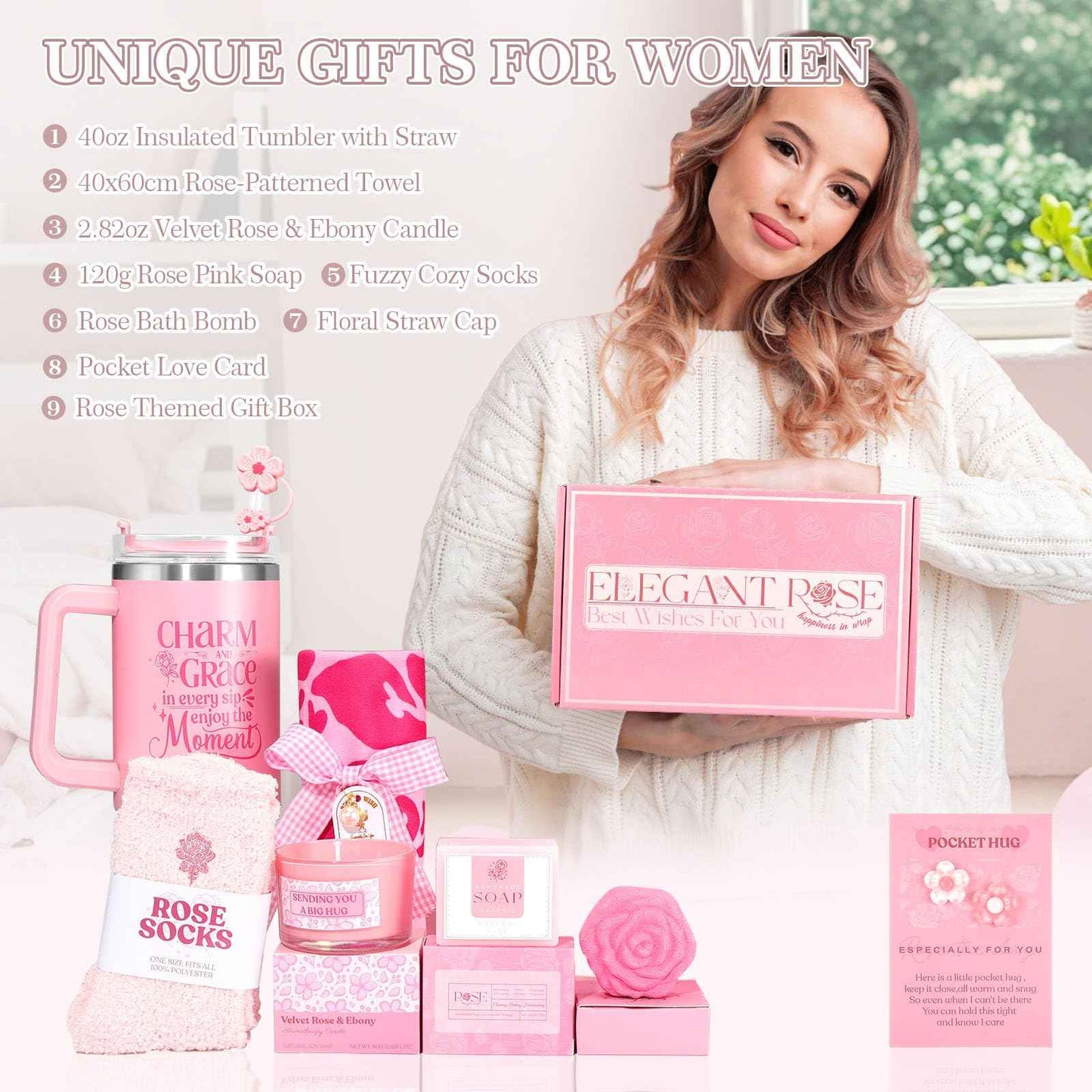 Self Care Gifts for Women Birthday Gift - Get Well Gifts Basket Thank You Gifts, Rose Relaxing Spa Gift Basket Self Care Package for Women Her Mom Friend Wife Sister Best Friend Coworker Nurse Teacher