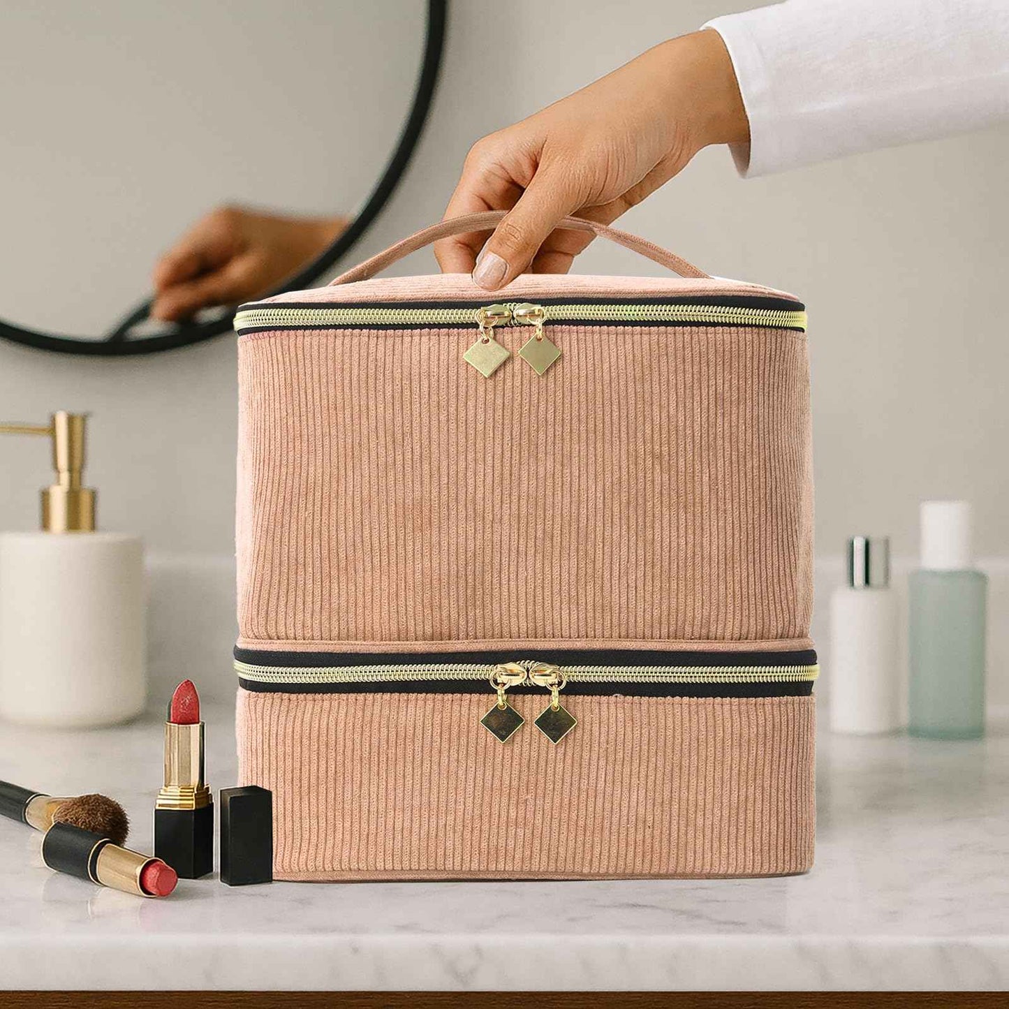 Apxouans Nail Polish Organizer Bag Nail Kit Organizer Holds 30 Bottles and 1 Nail Lamp Double-layer Nail Polish Carrying Case Nail Art Tote Bag Brown