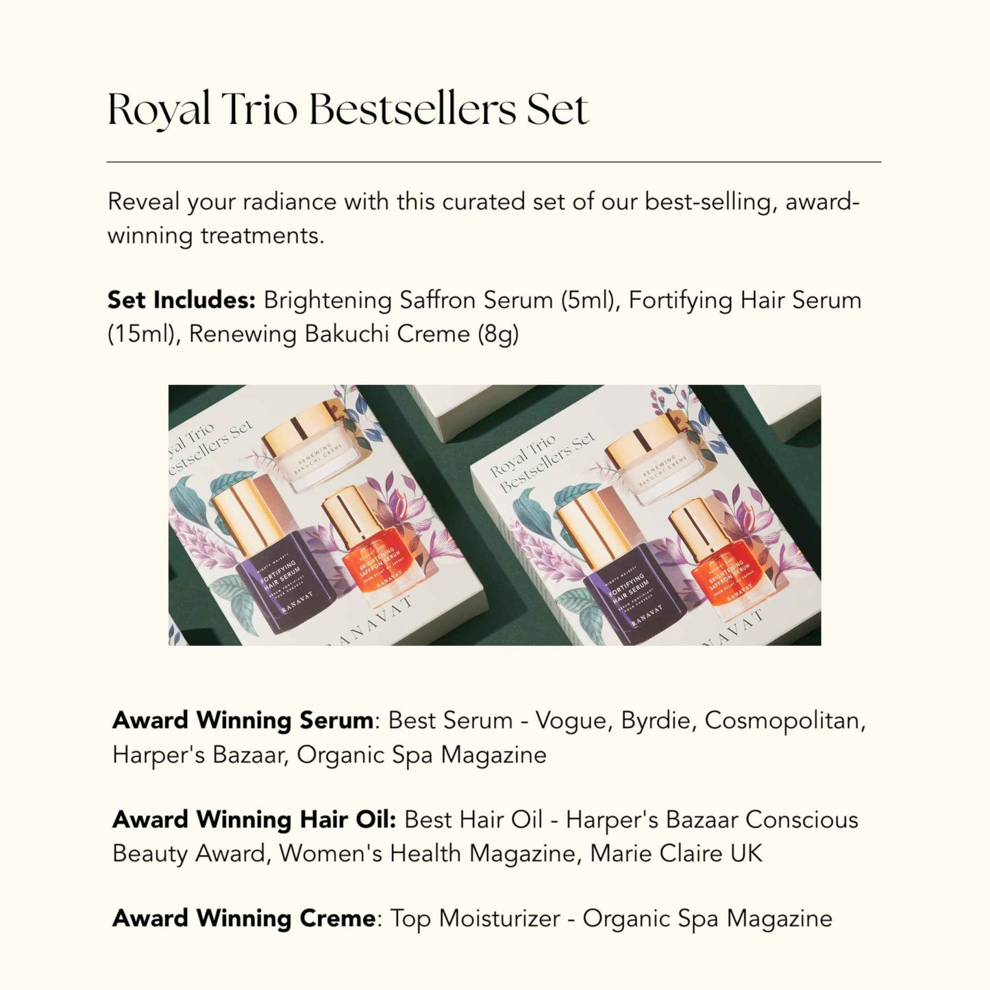 RANAVAT Royal Trio Travel Size Gift Set - Set Includes Brightening Saffron Face Serum, Renewing Bakuchi Face Cream & Fortifying Hair Serum - Clinically Tested Vegan Skincare & Haircare (3 Count)