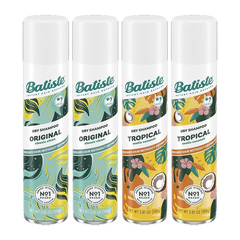 Batiste Dry Shampoo Spray 4-Pack Variety Mix, Original Clean and Classic and Tropical Fragrance, 2 Each 6.73 Ounces