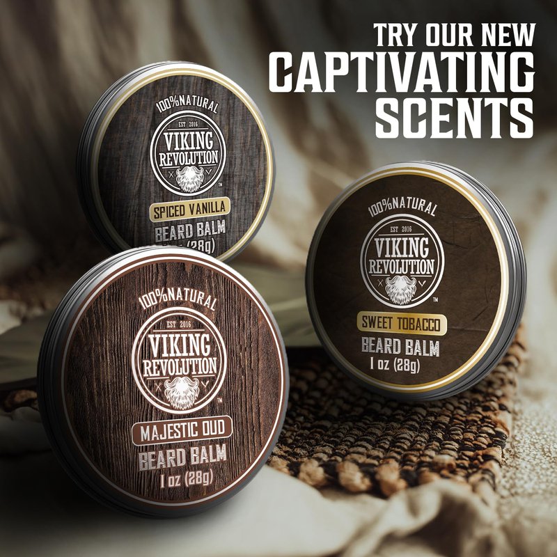 Viking Revolution 4 Beard Balm Variety Pack (1oz Each) - Sandalwood, Pine & Cedar, Bay Rum, Clary Sage - Styles, Strengthens and Softens Beards and Mustaches - Wax for Men