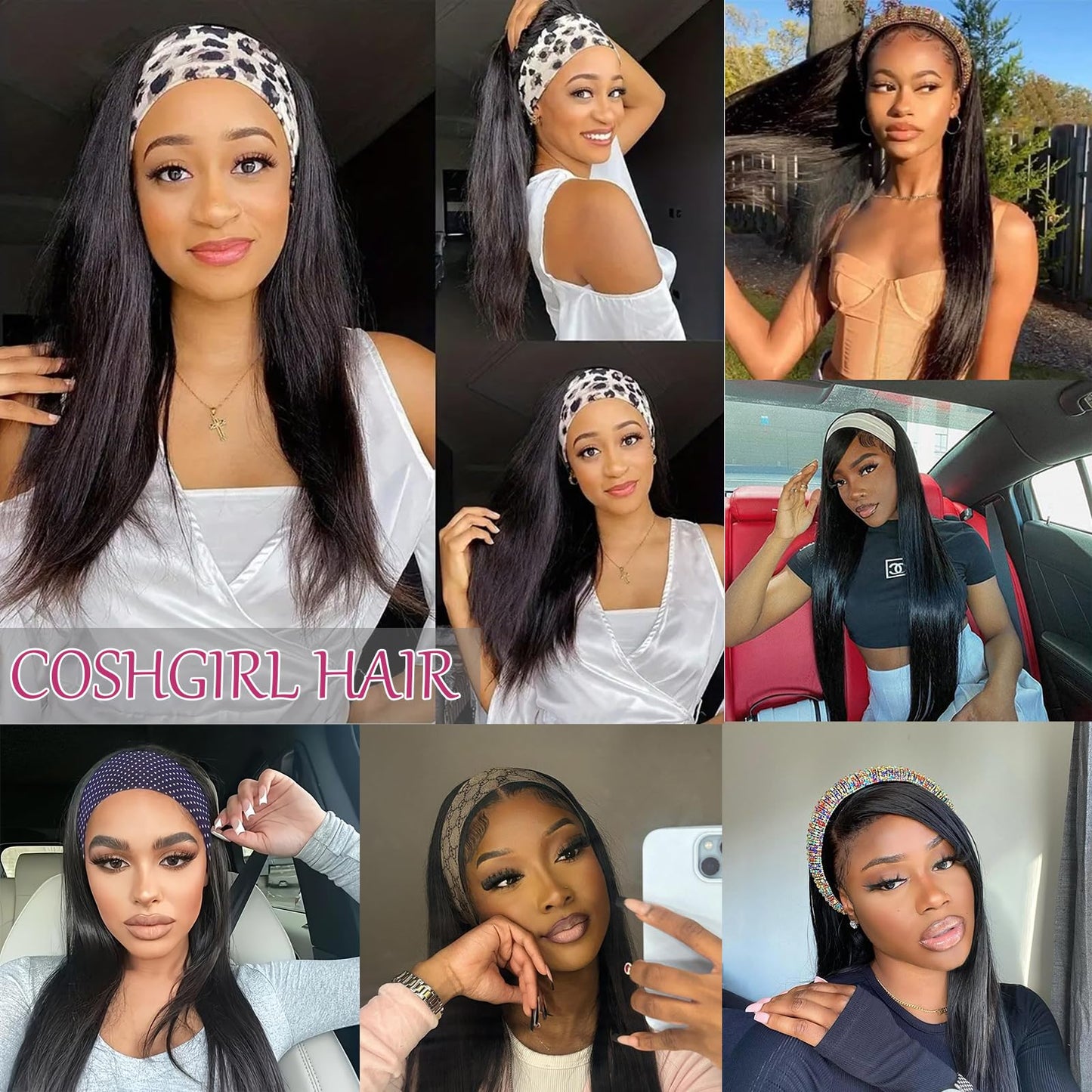 Coshgirl Straight Headband Wig Human Hair Headband Half Wigs Machine Made Glueless None Lace Front Wig Brazilian Virgin Hair Headband Wigs for Black Women150% Density Natural Color 14 Inch