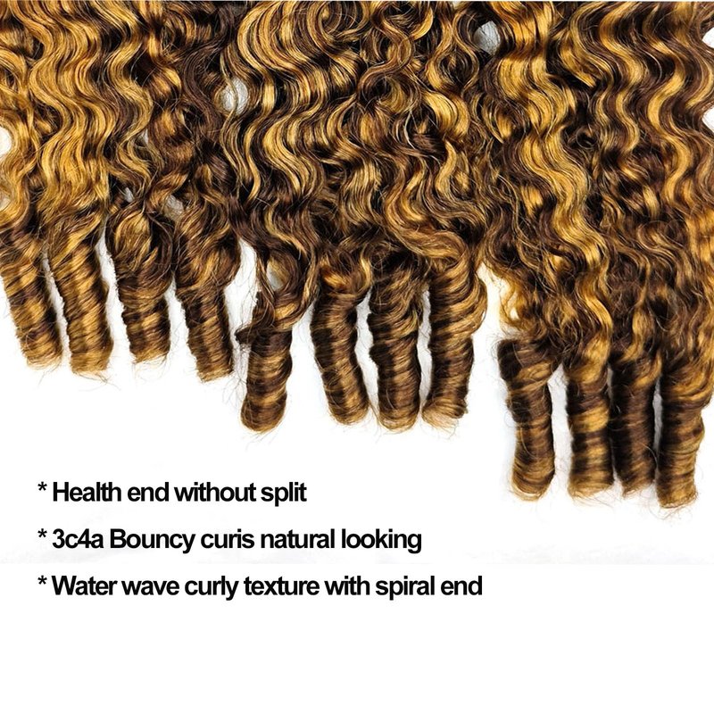 Curly Human Hair Bundles Water Wave Burmese Curly Bundles Human Hair Weave with Spiral End 3c4a Quick Weave Hair for Women Honey Blonde Ombre Color 16 Inches 1Pcs