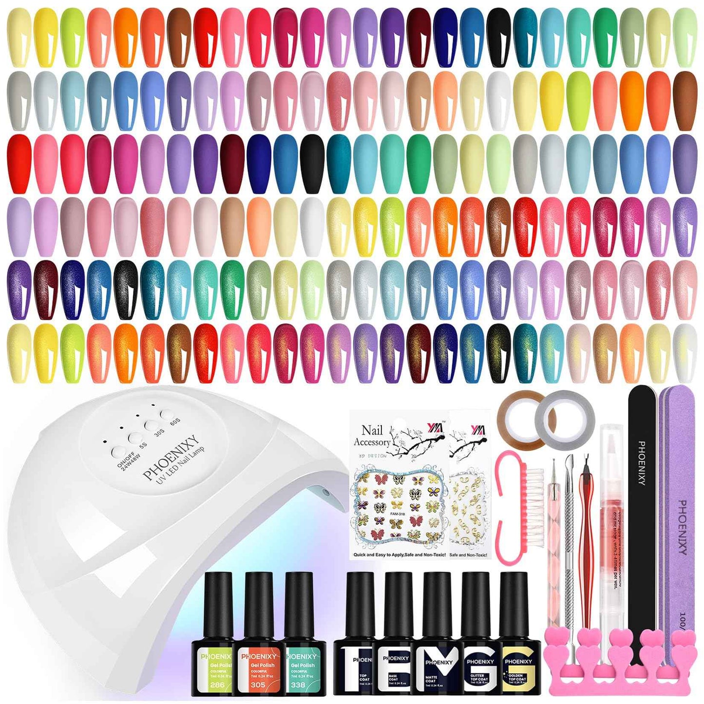 phoenixy Gel Nail Polish Kit with U V Light 64 Pcs Gel Nail Set 45 Rainbow Colors Nail Polish Set Base Coat & 4 Effects Top Coat Manicure Tools Complete Nail Kit Gifts for Women Girls