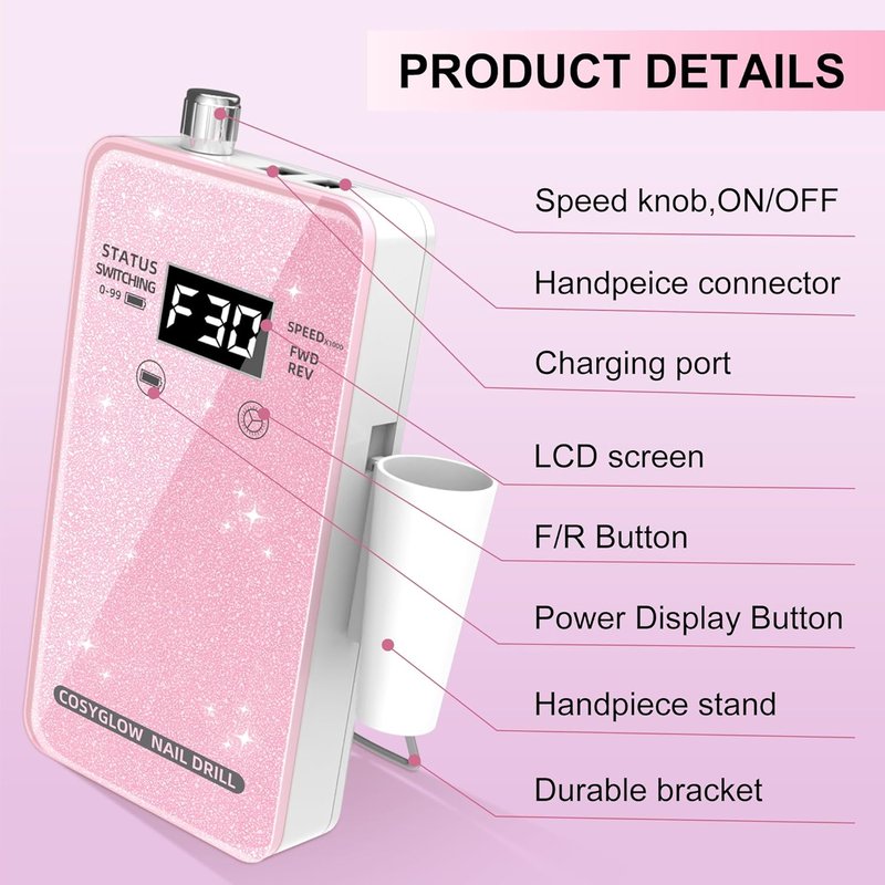 Professional Electric Nail Drill - COSYGLOW Glitter Cordless E-File Kit with 11 Bits | 30000 RPM Rechargeable for Acrylic Nails (Pink)