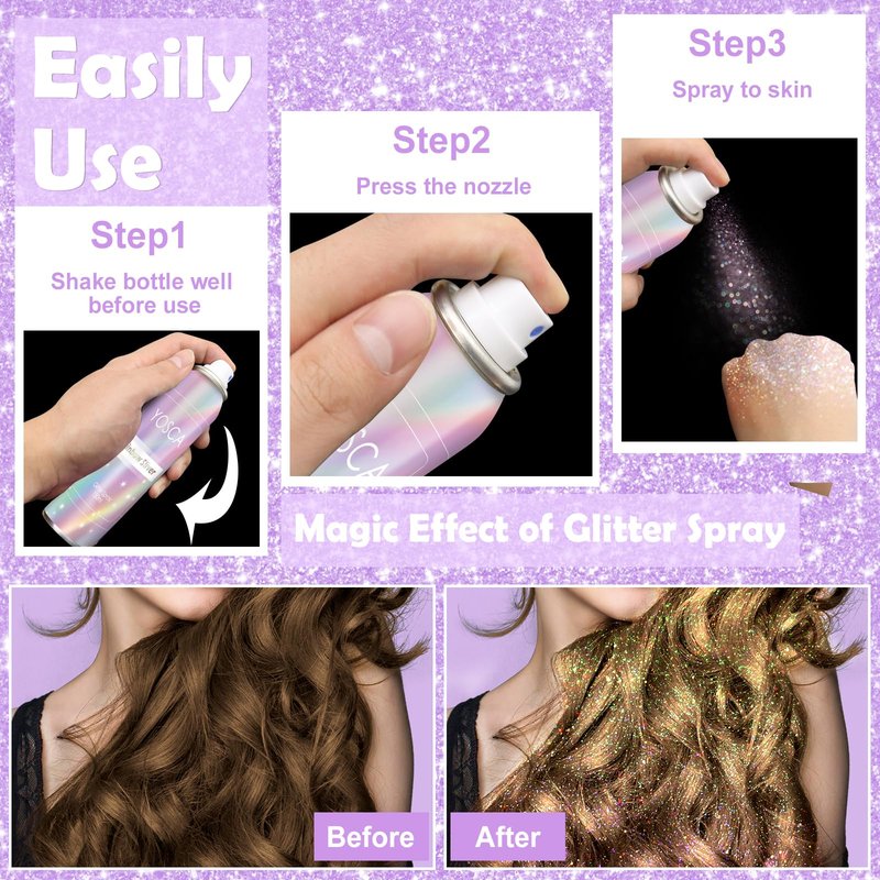 YOSCA Body Glitter Spray, 150ML Holographic Glitter Hairspray, Shiny Glitter Spray for Hair Body Clothes, Quick-Drying and Long-Lasting Shimmer Powder for Festival Music Concert Party Rave Accessories