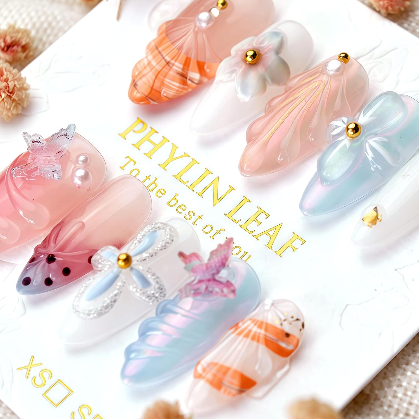 3D Sea Shell Press-On Nails - Handmade Medium Almond Beach Nail Art with Butterflies (L Size)