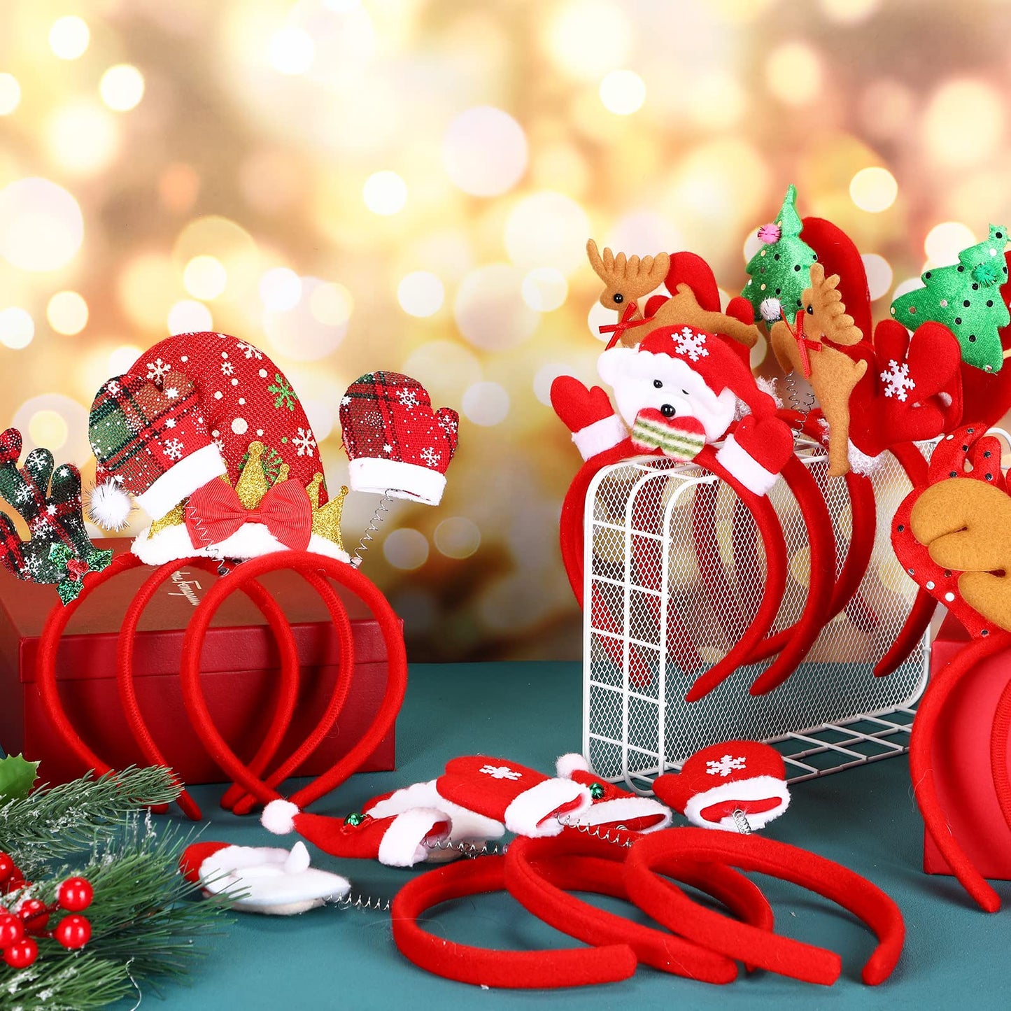 Giegxin 64 Pcs Christmas Glasses Frame and Headbands Set with 32 Cute Party Headband and 32 Funny Eyewear Xmas Hair Headwear for Christmas Xmas Holiday Party Favors