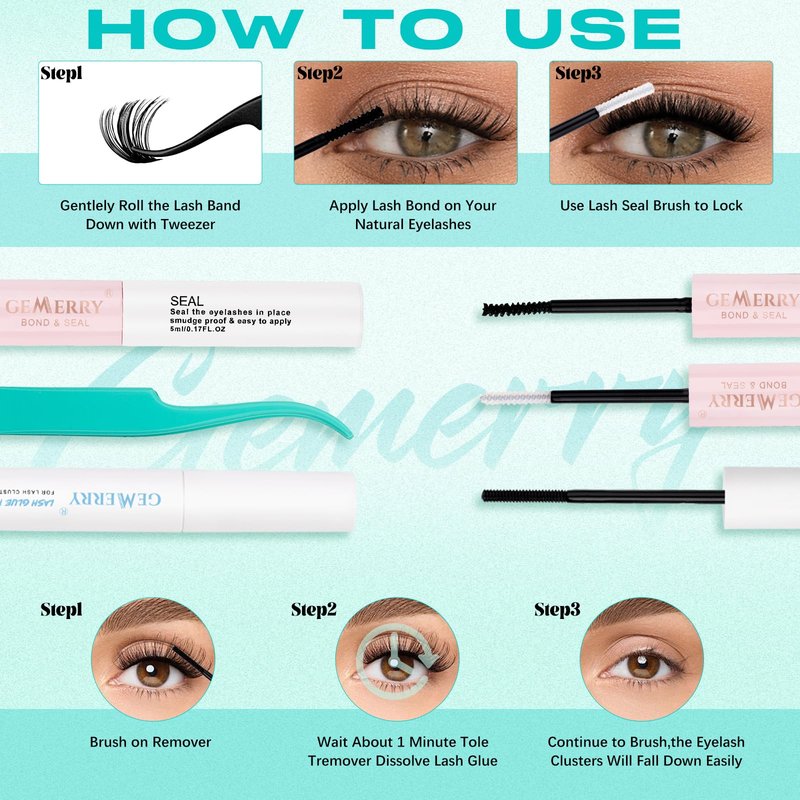 GEMERRY Lashes Clusters Kit Thick Lash Clusters 3 Styles 840Pcs Fluffy Lash Clusters Kit with Waterproof Bond and Seal Remover Tweezers for Beginners(30P+40P+50P)