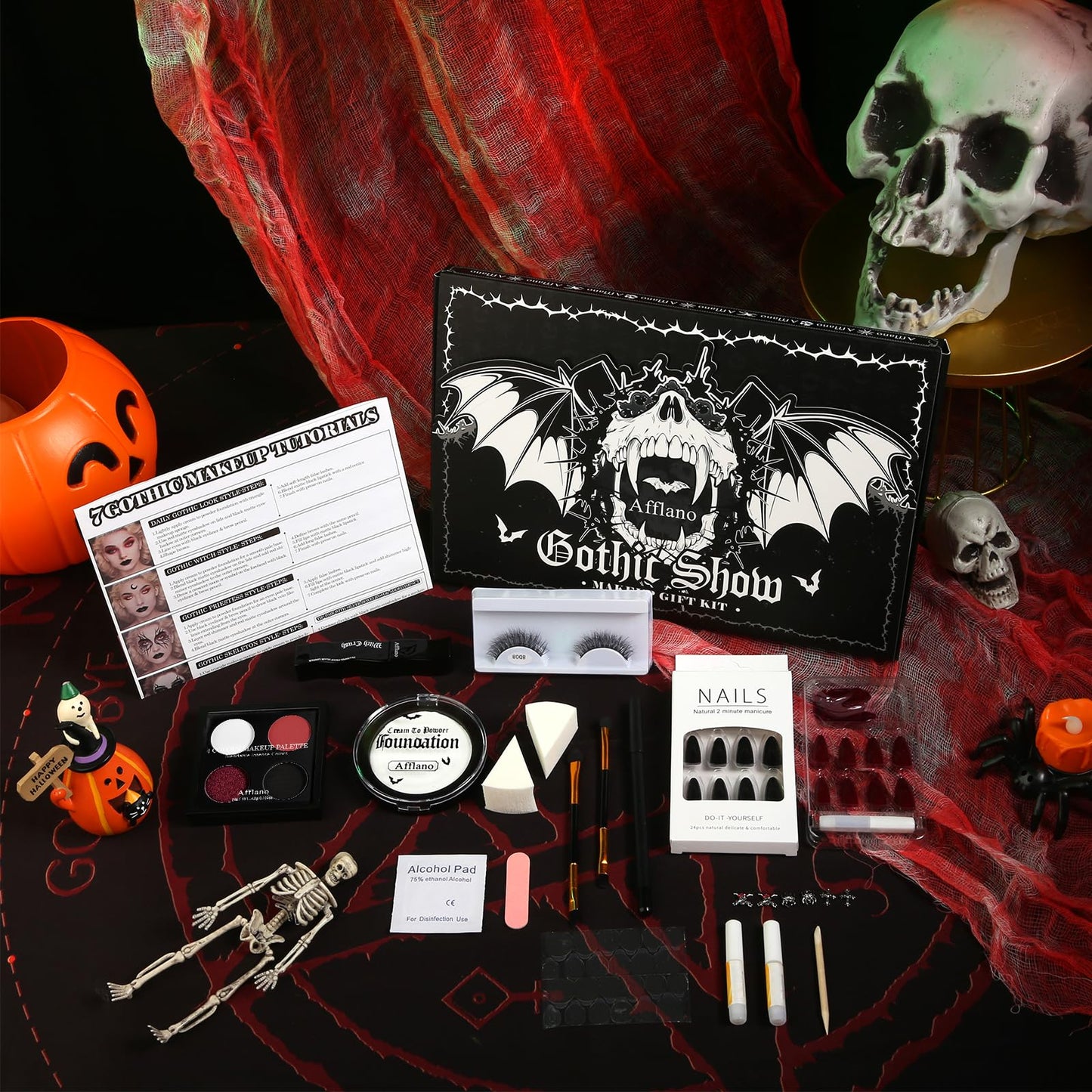 Goth Makeup Kit – Complete Gothic Make up Set for Vampire, Witch, Clown, Emo, Grunge, Theater, Halloween SFX with White Foundation, Red Eyeshadow Palette, Black Lipstick, Eyelashes, Eyeliner, Nails