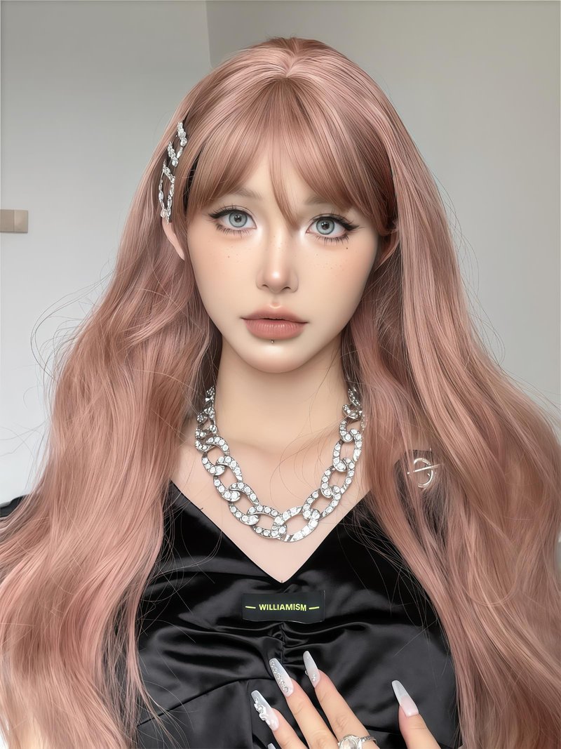 Aadesso Peach Pink Long Straight Wig 65cm Blunt Bangs Daily Synthetic Hair for Women East Asian Fashion K-pop Style Sweet Fresh Heat Resistant wig cap (25.6 Inch)