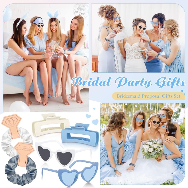 Hotop 24 Pcs Bridesmaid Proposal Gifts Set, 6 Mini Jewelry Box, 6 Satin Bridesmaid Scrunchies, 6 Bachelorette Sunglasses, 6 Square Hair Clips for Bridal Shower Wedding Party Favors (White, Blue)