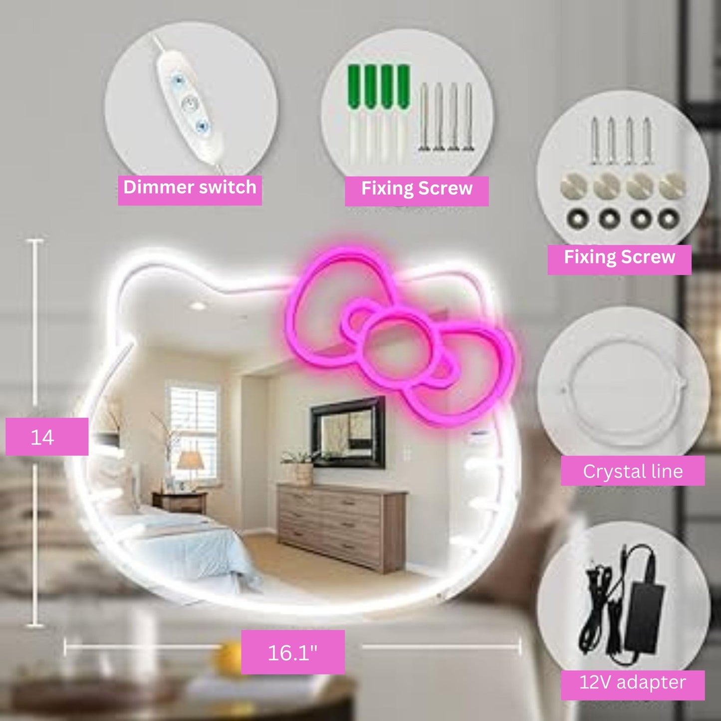 Health Organizer Anime Mirror 13.3 x 16.14 Inches Vanity Mirror with Lights Cat Design Bedroom Wall Mirror Girls Makeup Kitty Mirror with Lights Neon Sign Gift Mirror