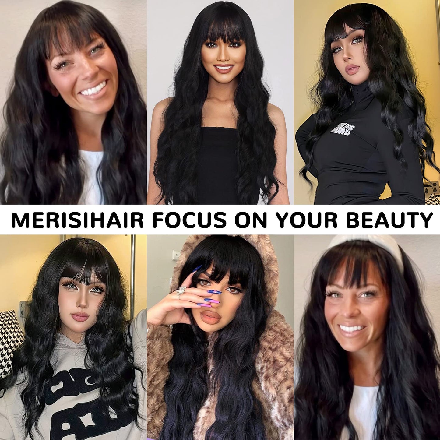 MERISIHAIR Long Black Wig with Bangs,26 Inches Synthetic Wavy Bang Black Wigs for Women, Women Long Curly Heat Resistant Hair Wig,Cosplay Selena Black Wig